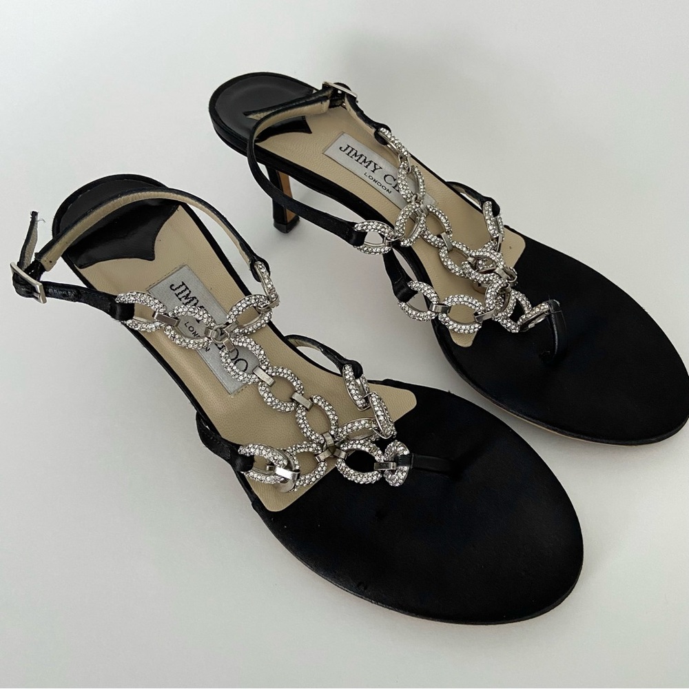 Jimmy Choo Crystal Embellished Thong Ankle Strap Heeled Sandals - Picture 3 of 15